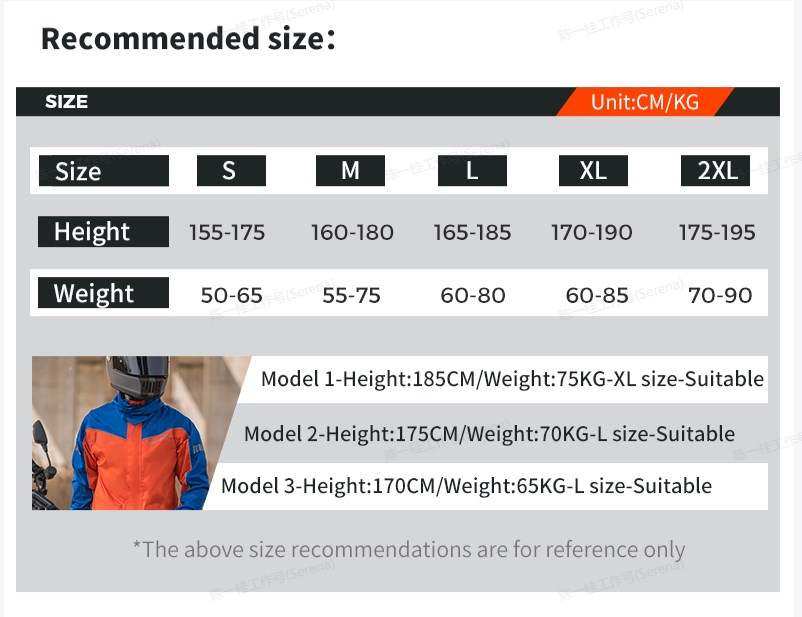 size chart motowolf raincoat and pant set